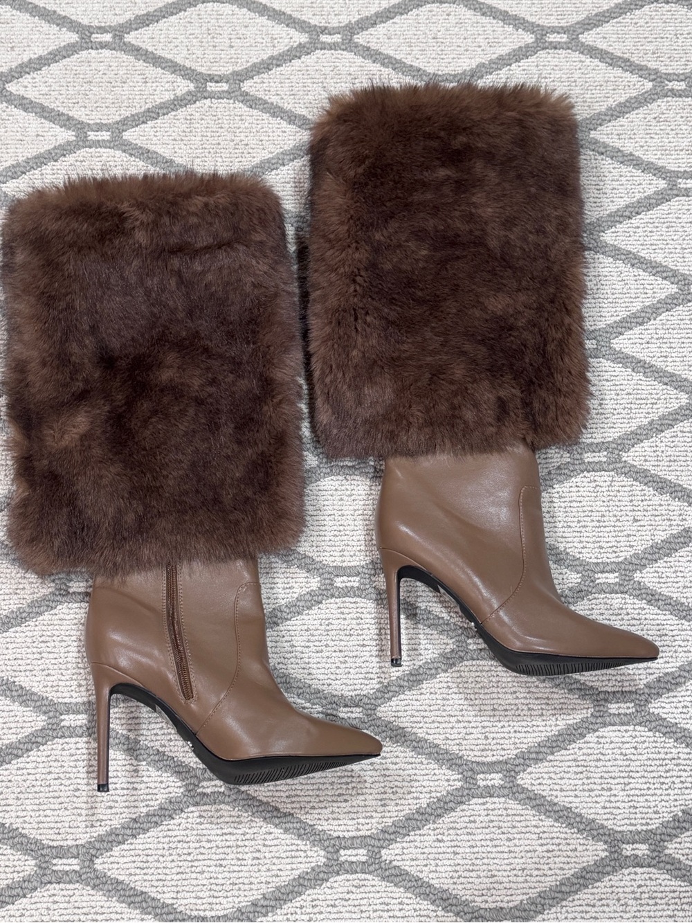 Faux Fur Cuff Pointed Toe Stiletto Boots - Brown